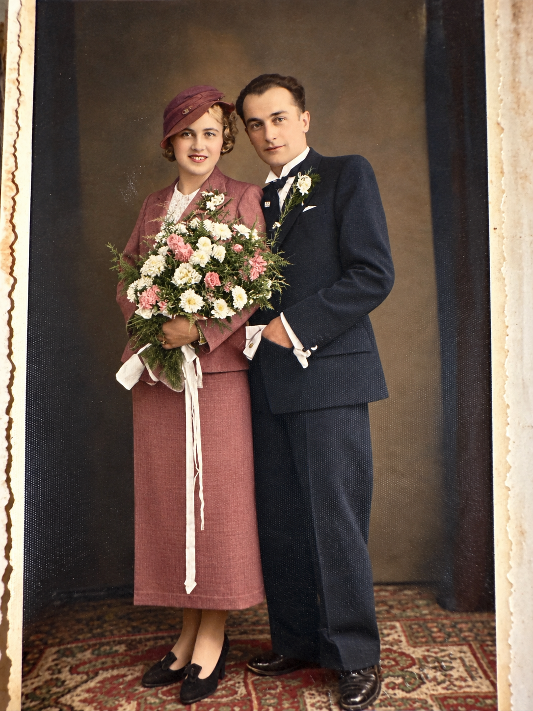 Silvias mormor och morfar, fotografi från 1935. Ursprungligen svartvitt och senare färglagt med hjälp av AI.